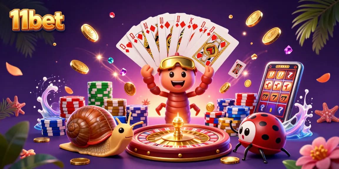 Experience thrilling games at 11bet with vibrant scenes of fun and excitement, featuring engaging characters and rich casino elements.