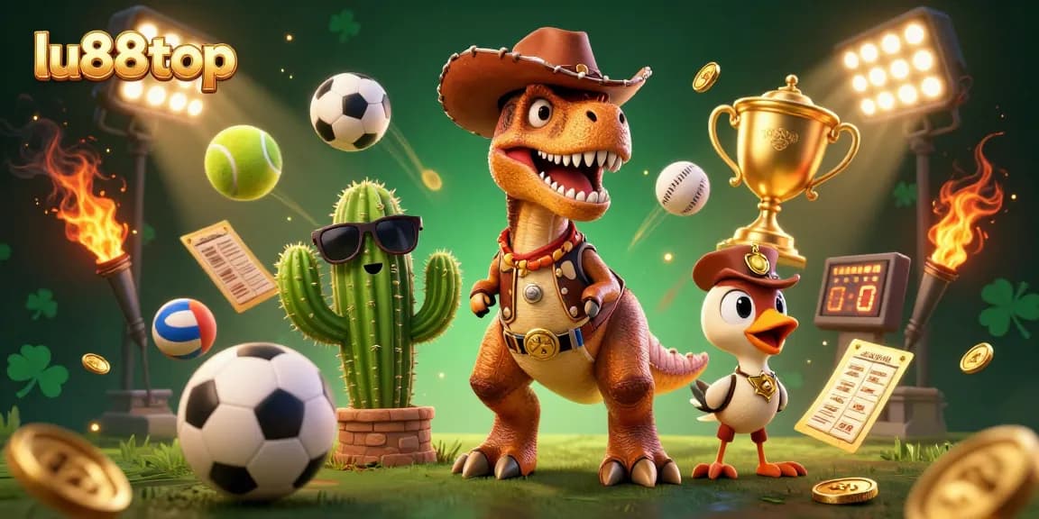 lu88top showcases a cowboy T-Rex engaging in dynamic sports betting action amidst vibrant casino elements.