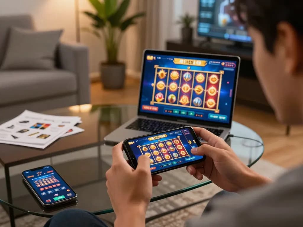 Playing the exciting 888slot game on a smartphone in a cozy home setting.