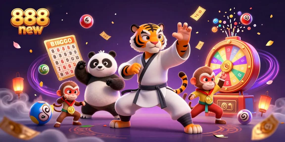 The 888 new illustration features a kung fu tiger master, a panda disciple, and a mischievous monkey amidst colorful lottery elements.