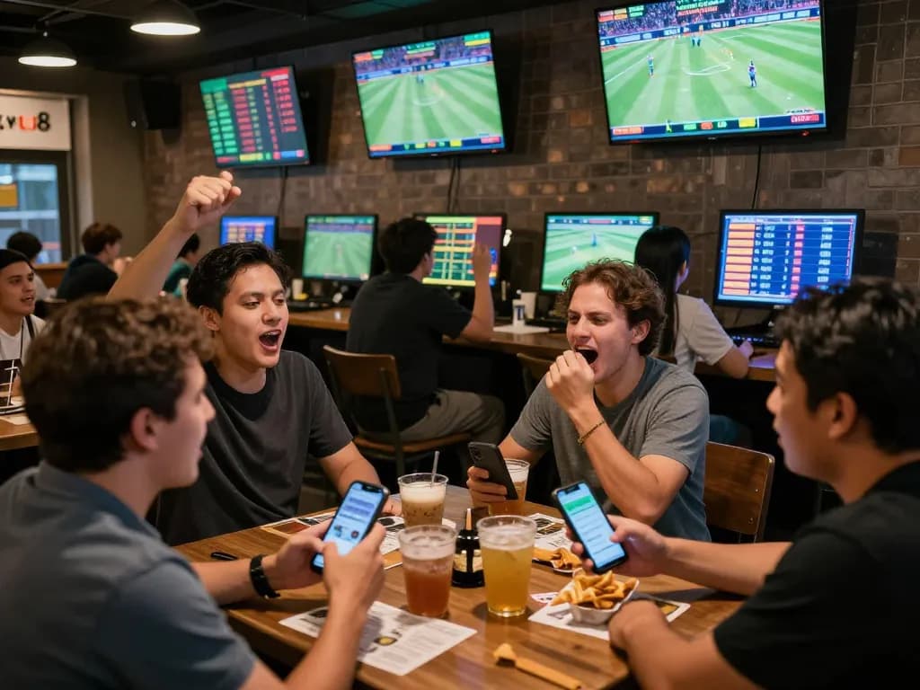 Engaging scene of visitors placing bets at Thể thao vu88 while cheering for live sports events.