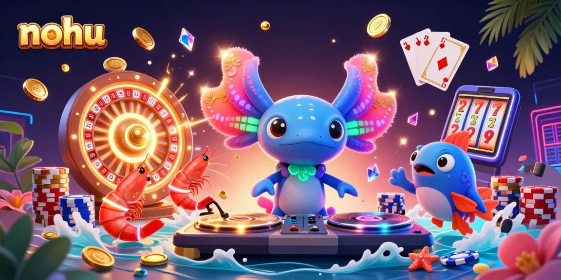 Experience thrilling nohu gameplay with vibrant characters and golden gaming elements flowing around.