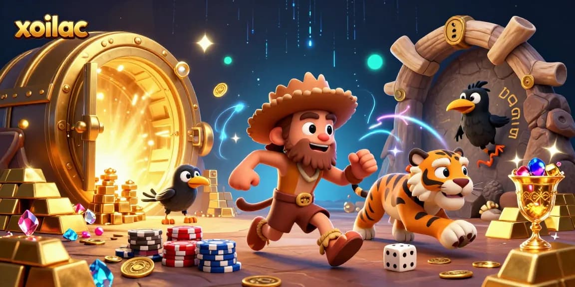 Xoilac engages viewers with a vibrant casino scene featuring prehistoric characters and dynamic gaming elements.