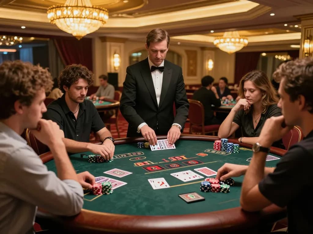 Players enjoying a thrilling game of blackjack at five88 casino, under warm ambient lighting.