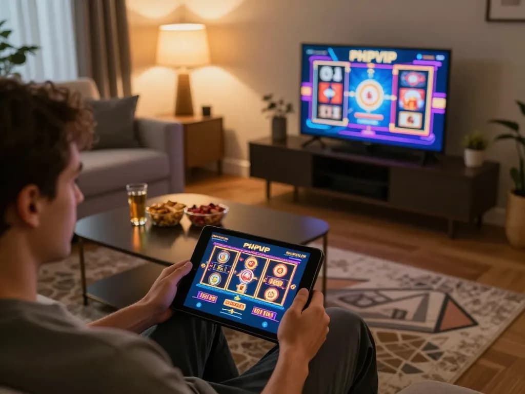 Person engaging with PHPVIP online casino on tablet in a cozy home setup