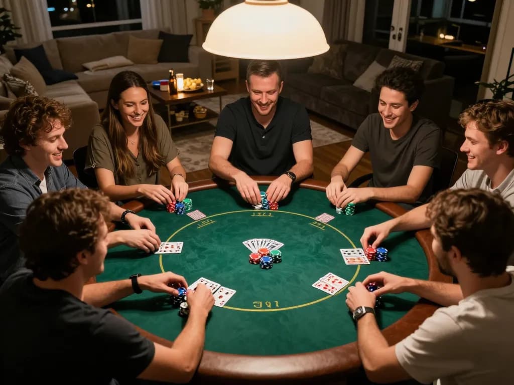 Friends enjoying a lively poker night at home with Five 88 strategy discussions and colorful chips.