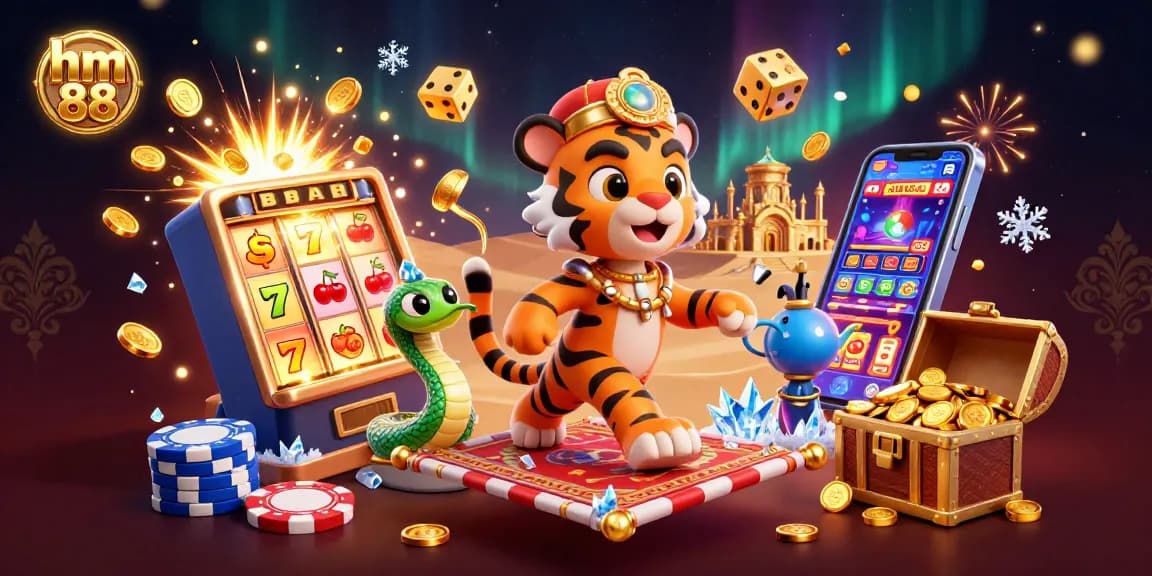 Spin and win with hm 88, featuring a tiger sultan and dazzling slot machine in a vibrant casino scene.