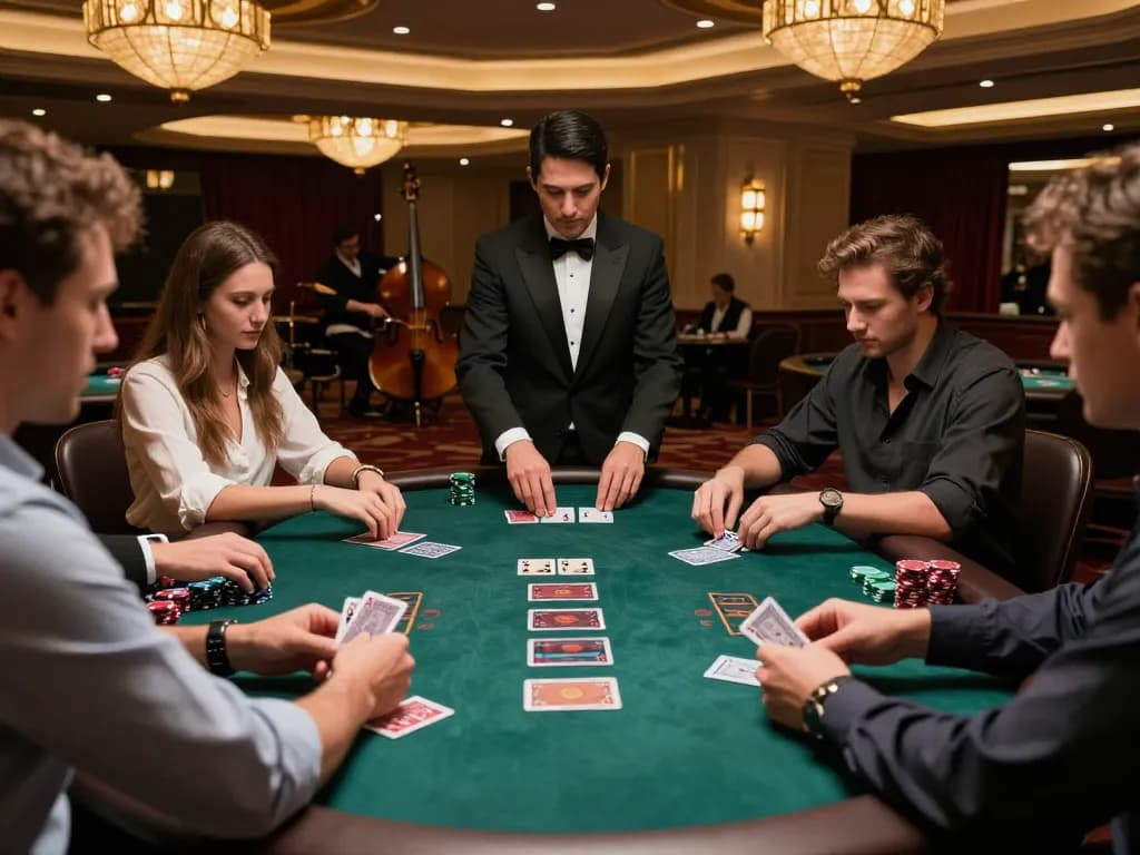Sky88 players engaged at a high-stakes blackjack table, showcasing strategy and excitement