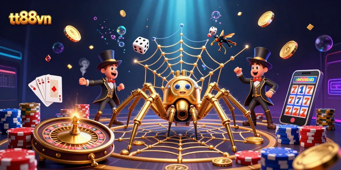 Experience the thrill of gaming with tt88vn's vibrant casino illustration showcasing dynamic characters and exciting elements.