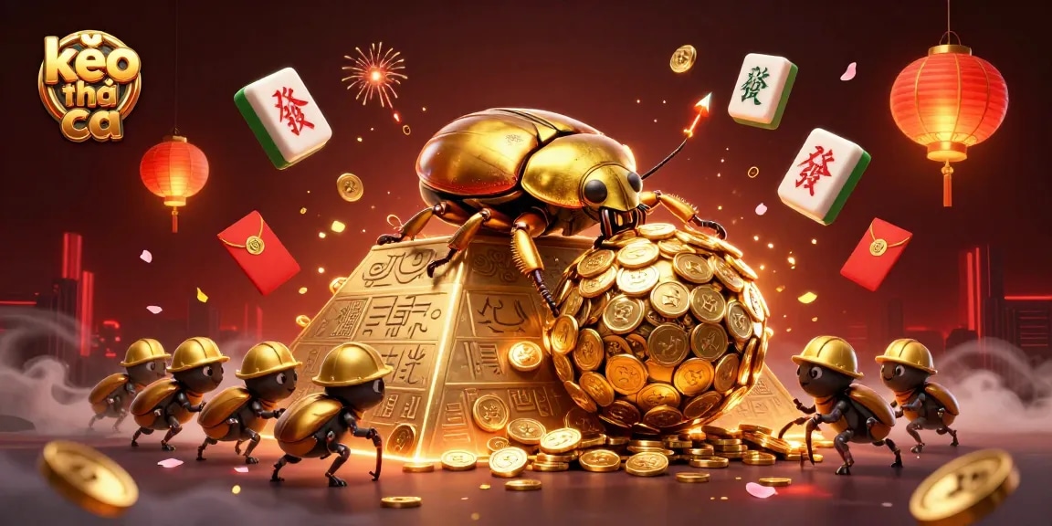 Experience kèo nhà cái in this vibrant 3D casino scene with golden beetles and festive elements.