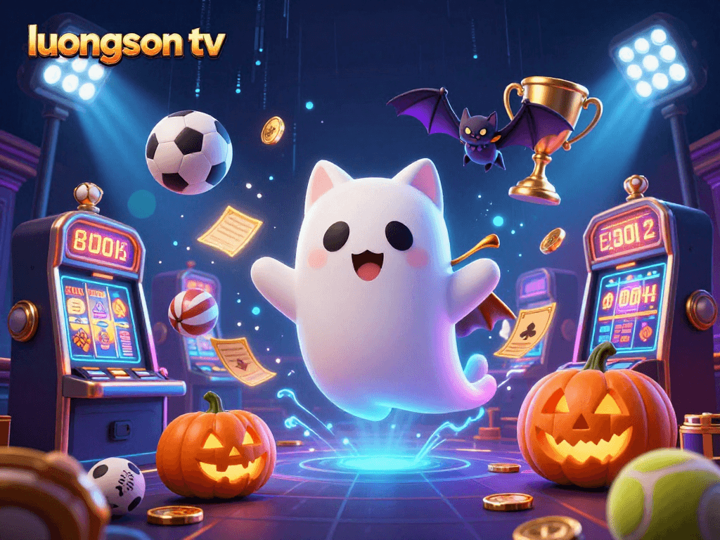 Experience the thrills of luongson tv as the friendly ghost cat navigates an enchanting haunted casino scene.