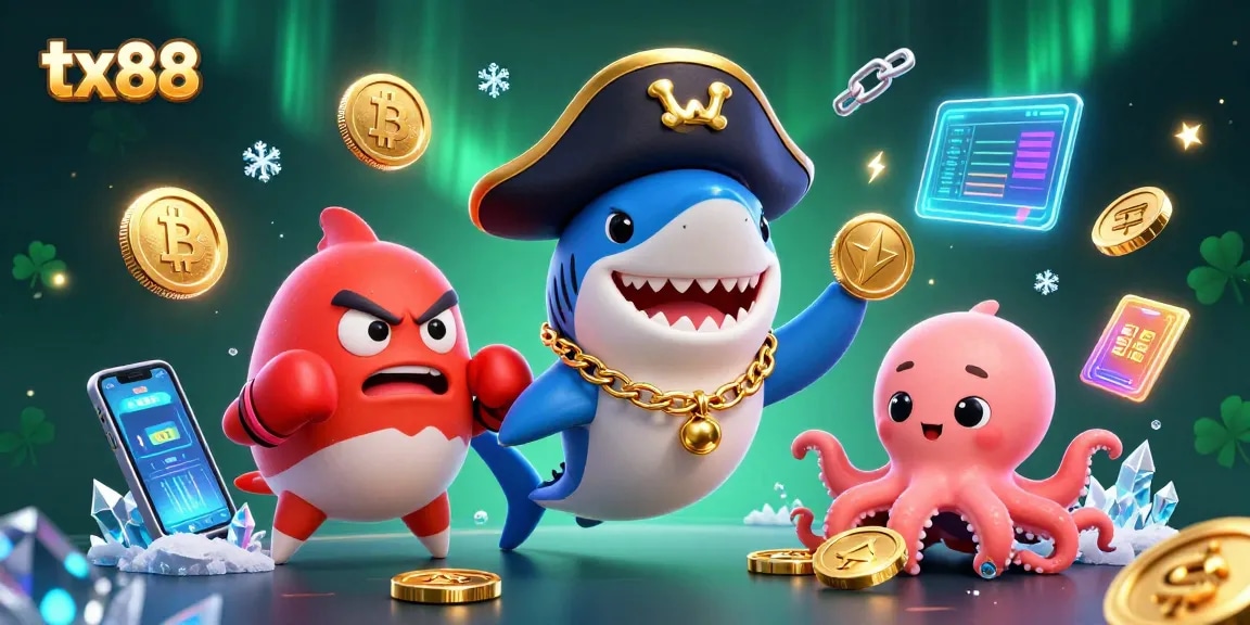 Engage in thrilling gaming experiences with tx88, featuring a pirate shark, pufferfish, and octopus amidst colorful casino elements.