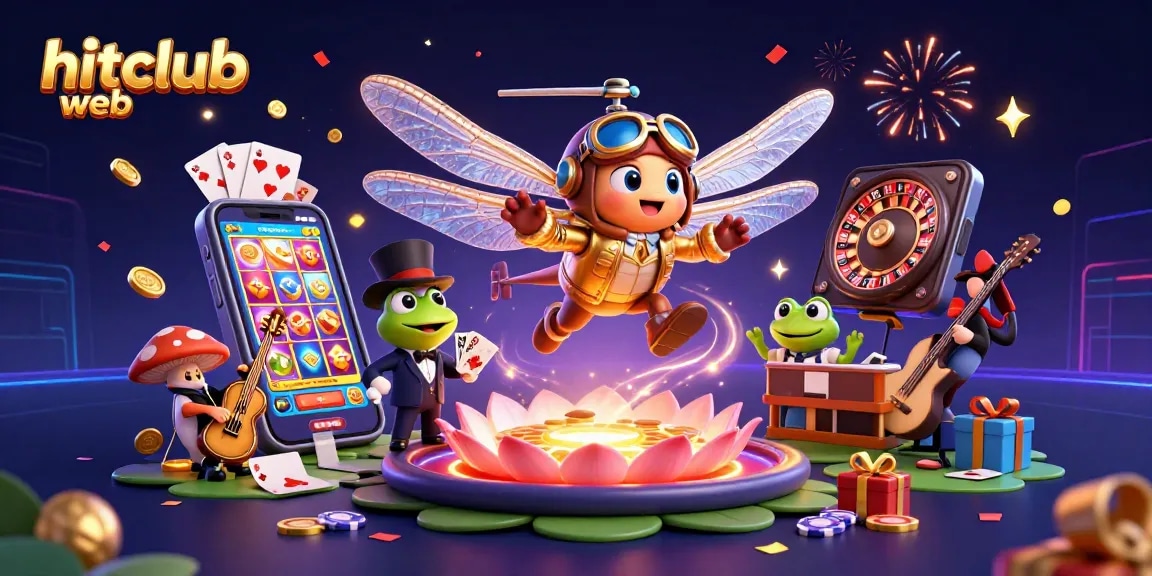Spin to win with hitclub web in a vibrant gaming oasis featuring dynamic casino characters.