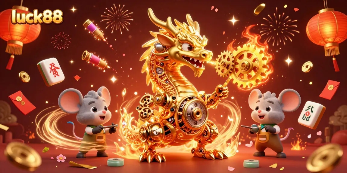 Experience thrilling gameplay at luck88 with dynamic casino elements and a charming dragon character.