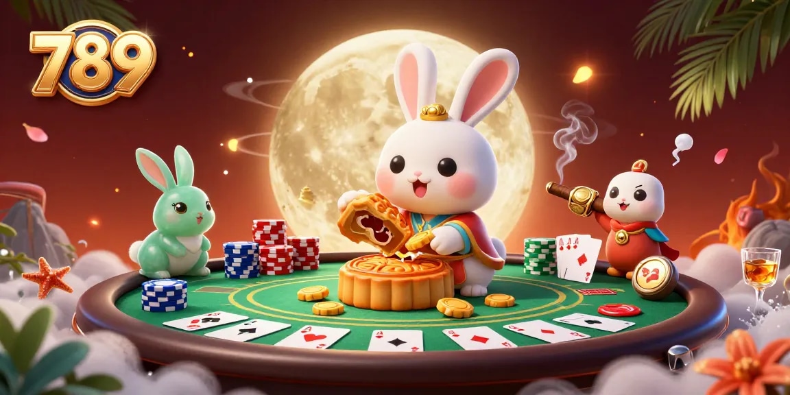 Experience the thrill of 789 as moon rabbits reveal poker treasures, illustrating a vibrant casino world.