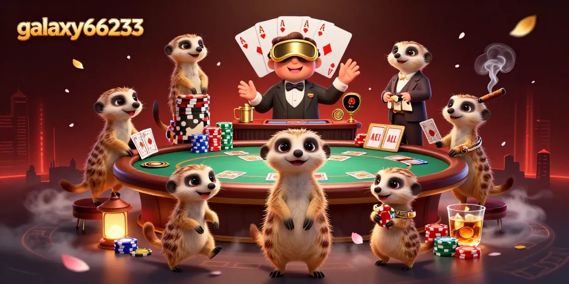 Engage in thrilling games at galaxy66233, featuring vibrant meerkat characters in a lavish casino scene.