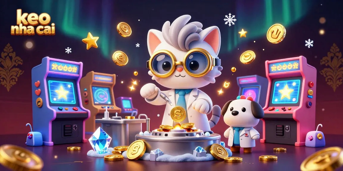 Experience exciting gaming with keo nha cai in this vibrant casino-themed illustration featuring a mad scientist cat.