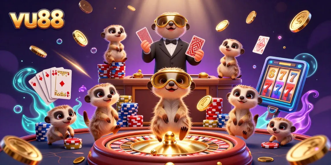 Engage in exciting casino action with vu88's meerkat-themed gaming scene featuring winning card games and vibrant casino elements.