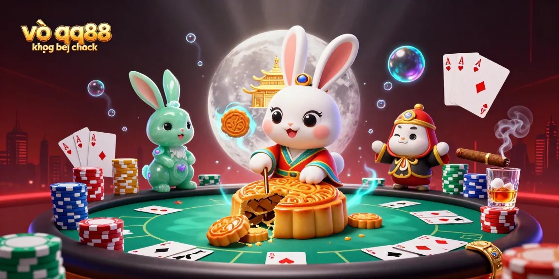 Experience the thrill of gambling in vào qq88 không bị chặn with a dynamic casino scene featuring a moon rabbit and poker elements.