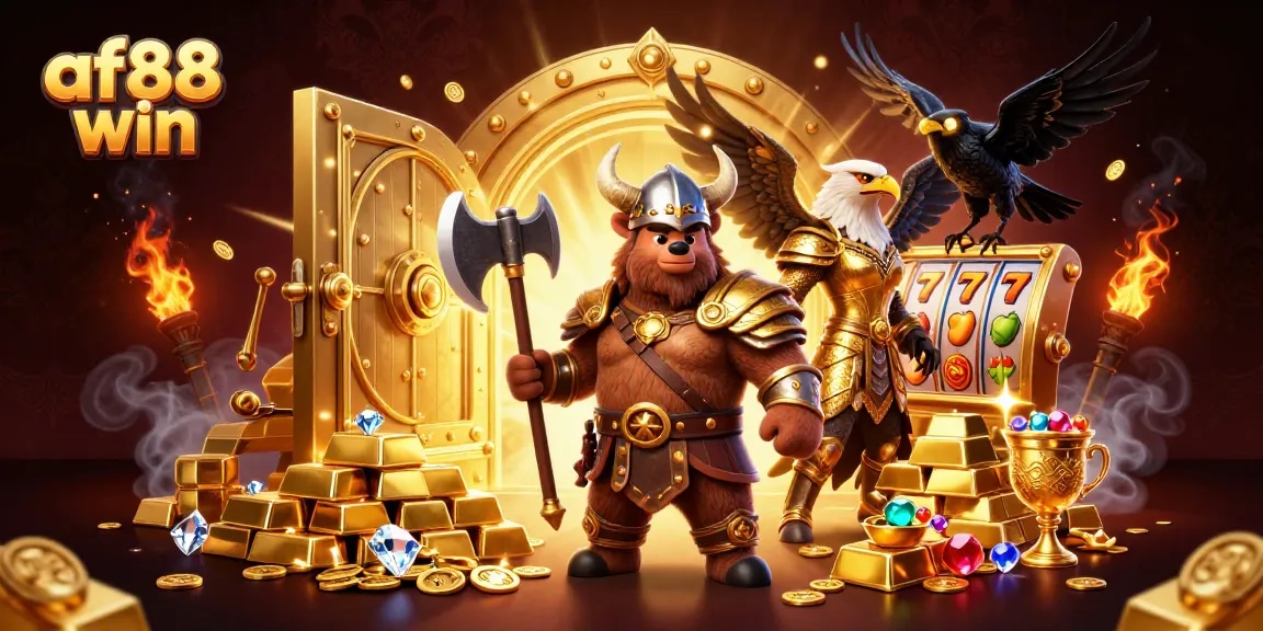 Experience the excitement of af88 win with a Viking bear and Valkyrie in a golden treasure scene.