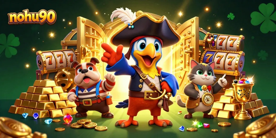 A vibrant 3D scene of the pirate captain and crew winning big at nohu90's casino with treasures and slot games.