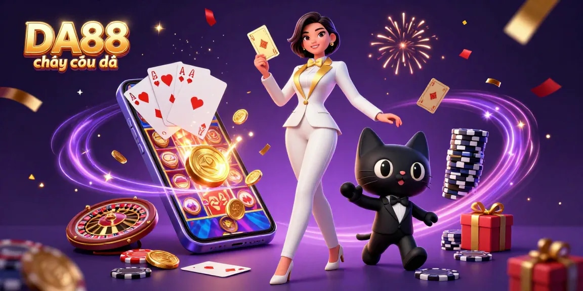 Experience DA88 chơi cực đã with vibrant 3D casino action featuring players and slot games amidst joyous celebrations.