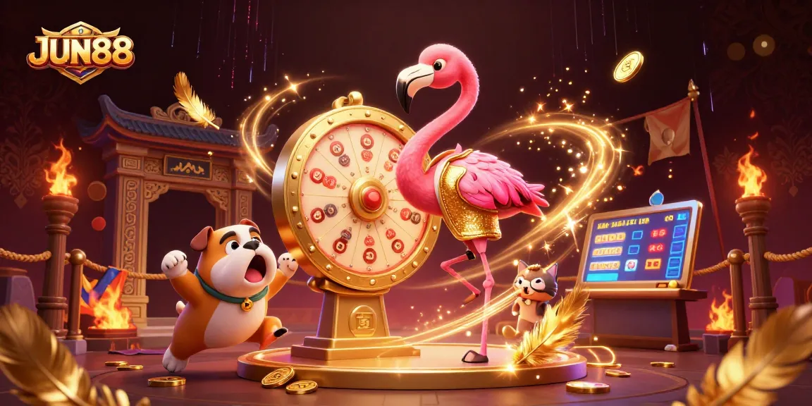 Win big at JUN88 with a game show host flamingo spinning a prize wheel in a vibrant casino scene.