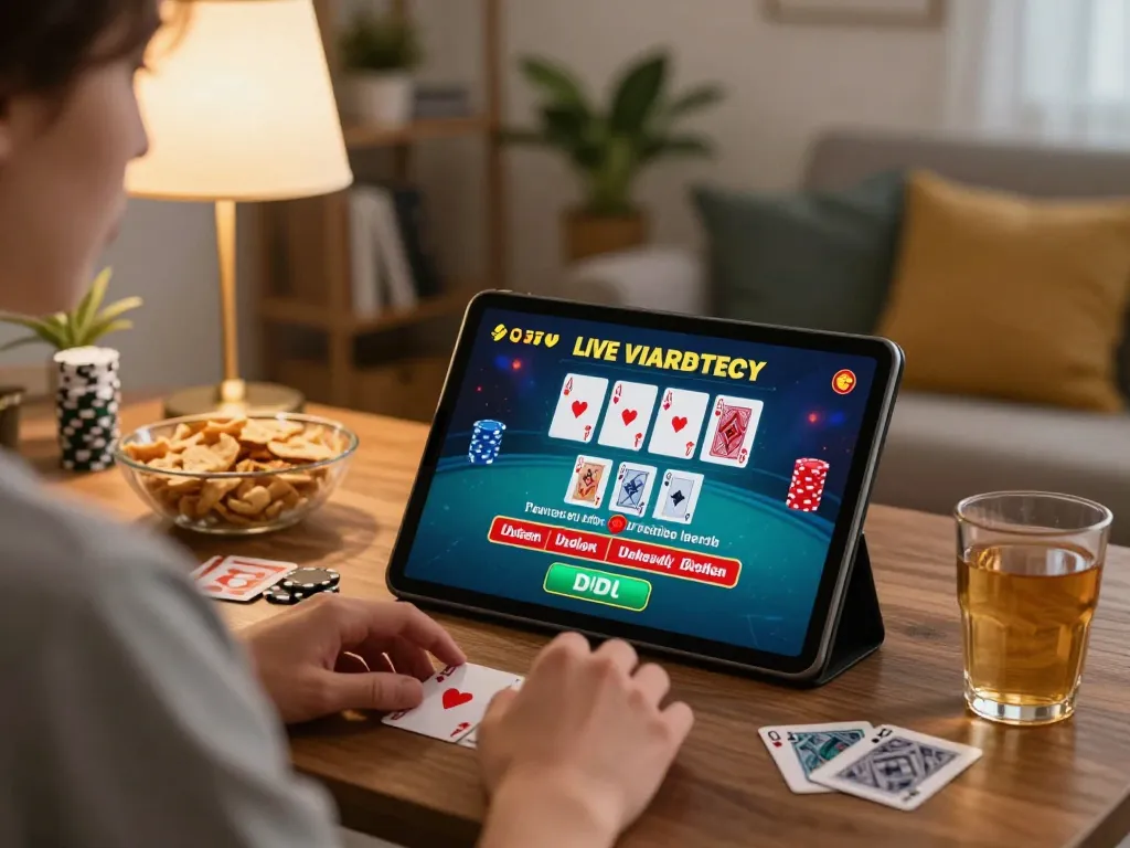 Engaging in a game of debet blackjack on a tablet while relaxing at home, showcasing strategic gameplay.
