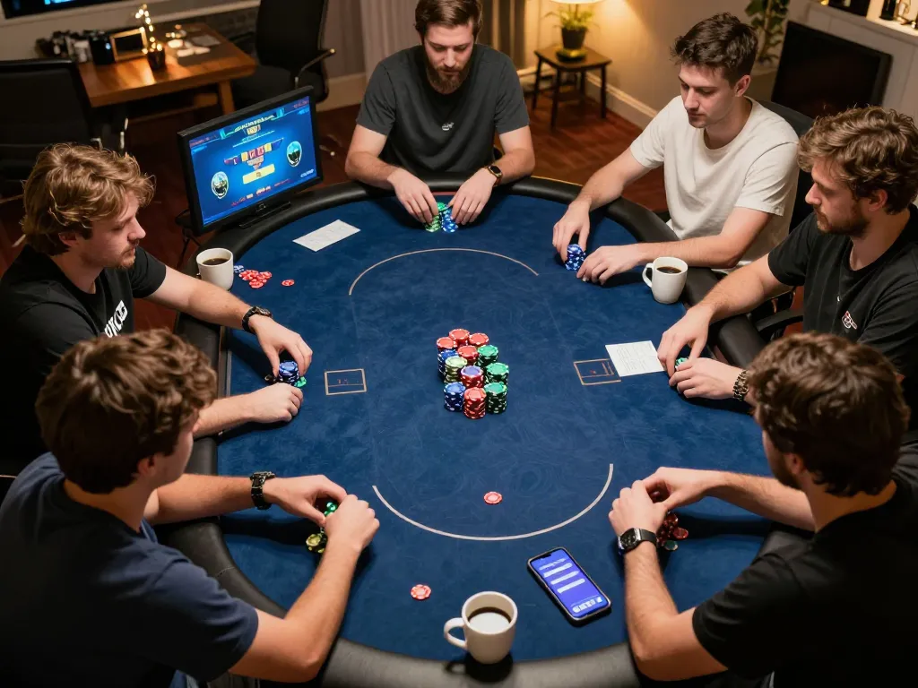 Players strategizing in an intense online poker game at home, highlighting yo88i gaming atmosphere.