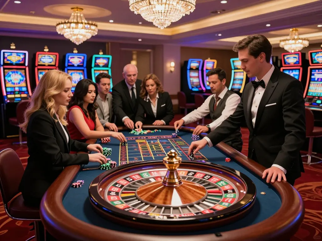 Players engaging at the roulette table in a vibrant casino, showcasing strategic gameplay and excitement of sc8888
