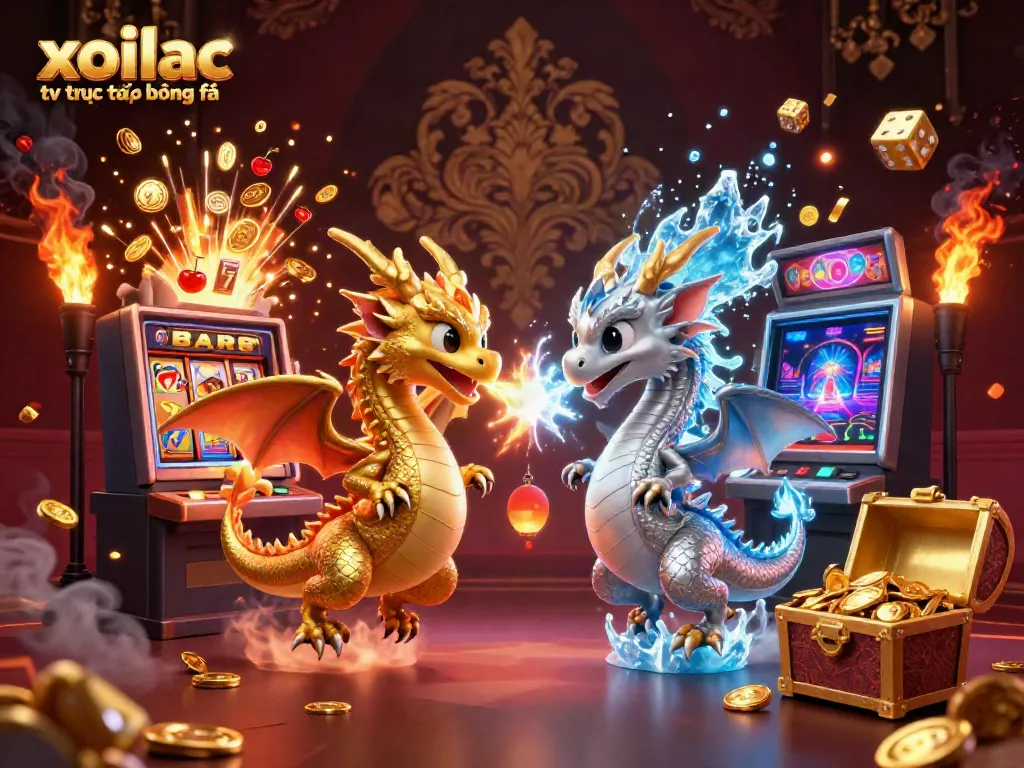 Xoilac tv trực tiếp bóng đá illustration featuring gold and silver dragons, slot machine, and casino elements