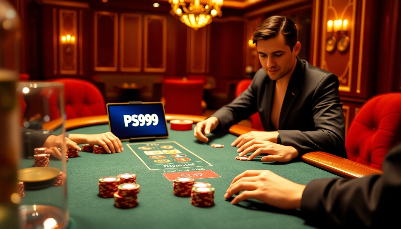 Engaging scene of Nhà cái PS99 with players at a poker table, showcasing thrilling online gambling.