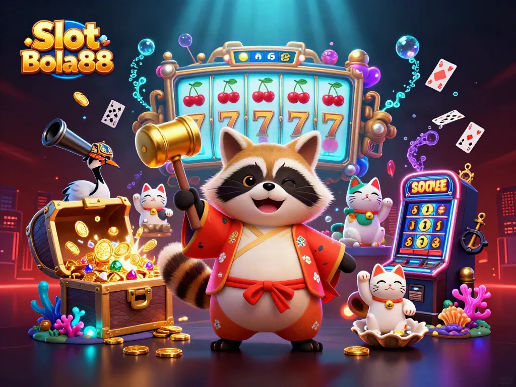 Spin to win with Slot Bola88 surrounded by fortune cats and colorful slot game elements!