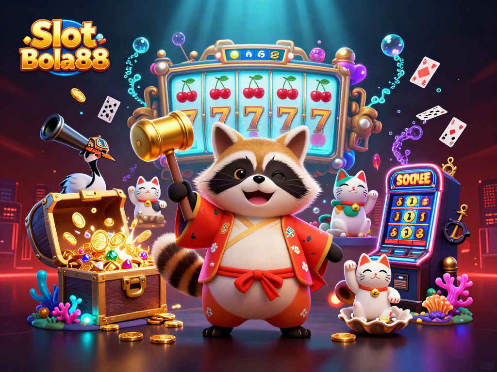 Spin to win with Slot Bola88 surrounded by fortune cats and colorful slot game elements!