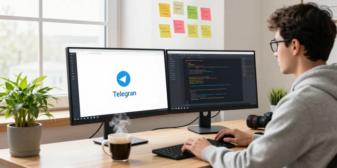 Download Telegram in a modern workspace with a developer coding on dual monitors.