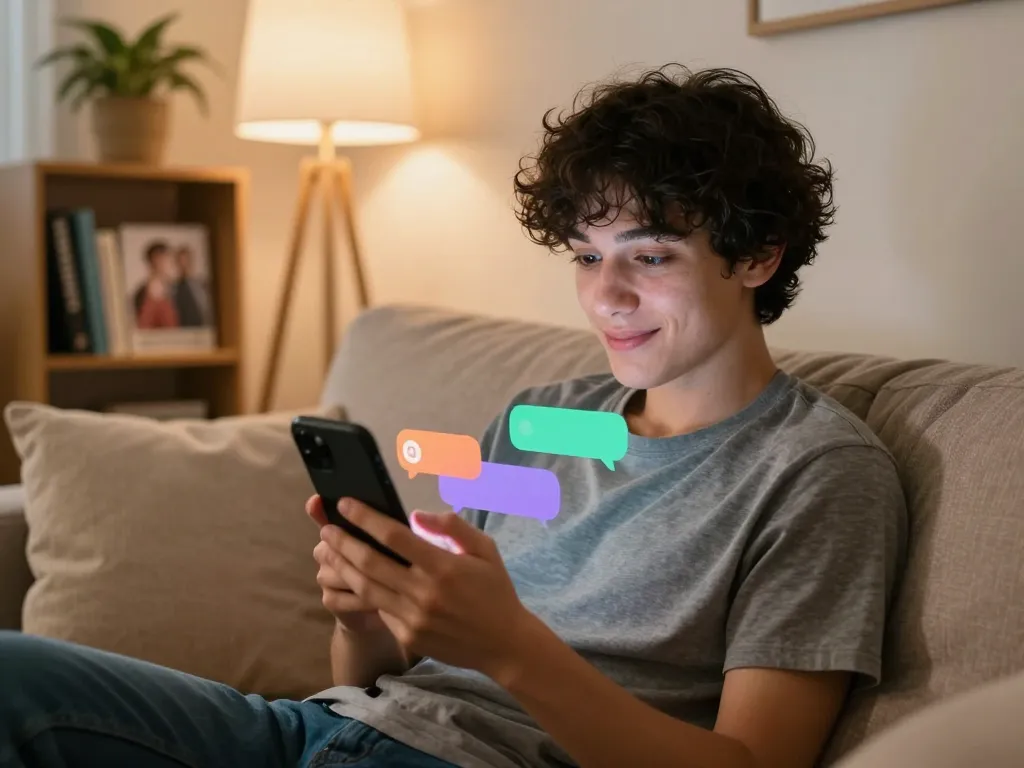 Engaging sexting AI conversation scene with a person on a couch, playful chat bubbles visible, cozy atmosphere.