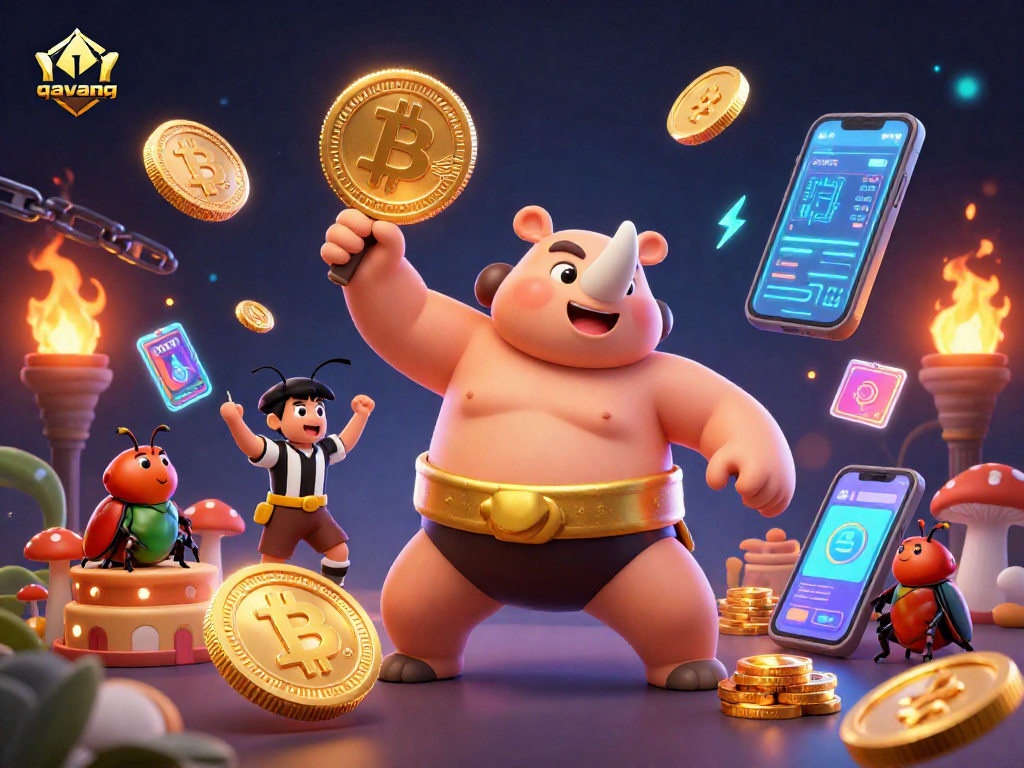 Experience thrilling moments with gavang as a sumo beetle stomps to victory, sending coins flying in a crypto-inspired casino.