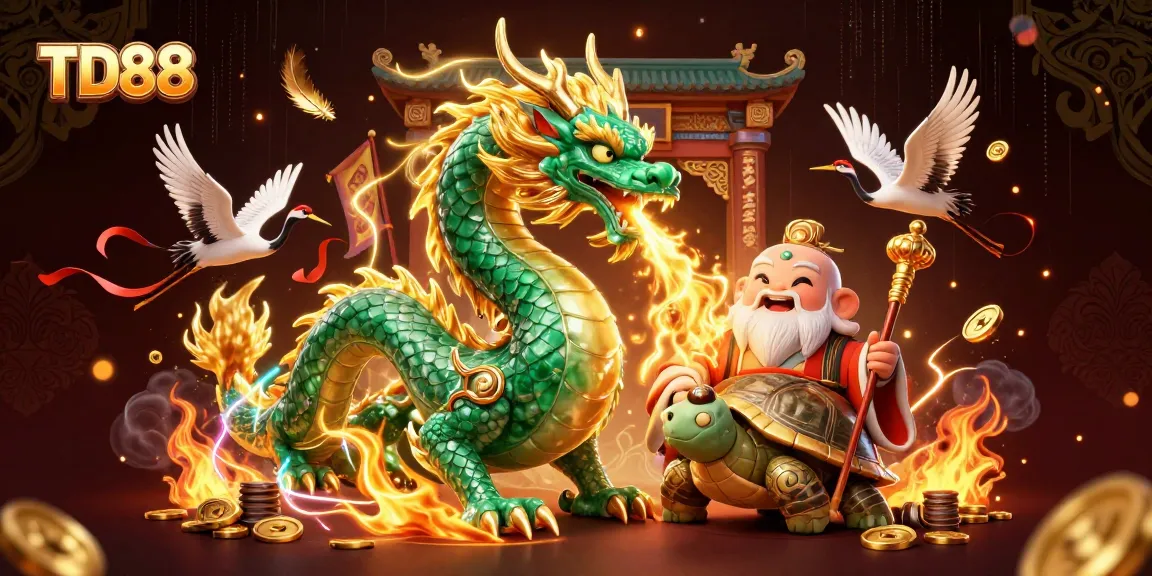 Experience the thrill of TD88 with an emerald dragon and lucky cranes in a vibrant casino scene.
