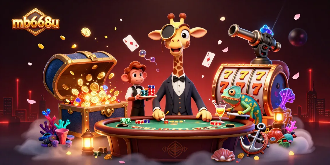 Experience high-stakes fun at mb668u with a lively giraffe, monkey, and chameleon in a vibrant casino scene.