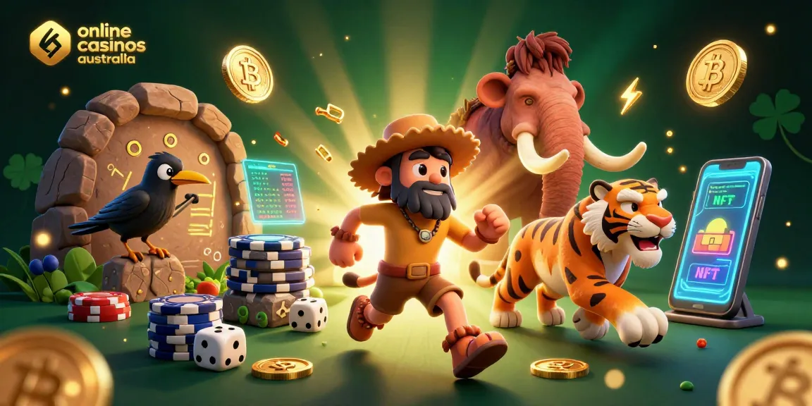Engage with online casinos Australia featuring vibrant prehistoric casino characters and crypto elements.
