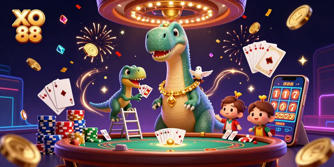 Experience the excitement of XO 88 with a 3D casino scene featuring vibrant gaming elements.