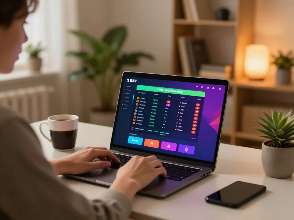 Engaging in 11 BET sports betting on a laptop at home, illustrating responsible gambling.