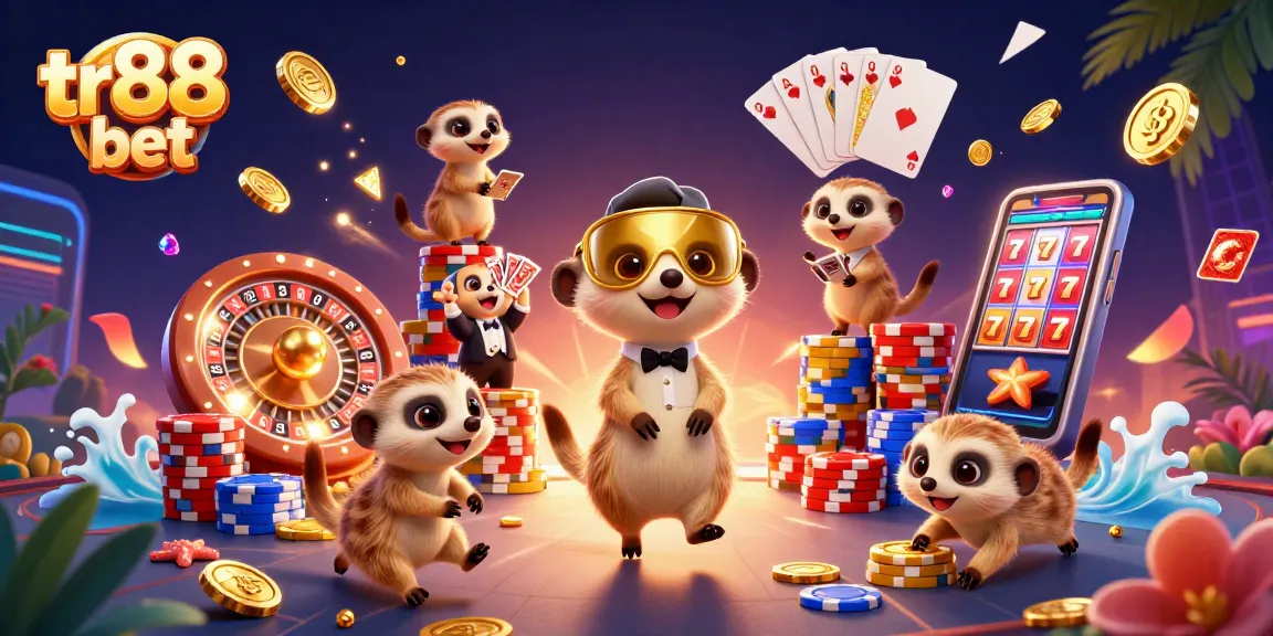 Engage in thrilling gameplay with tr88 bet featuring cartoon meerkats, colorful chips, and casino elements.