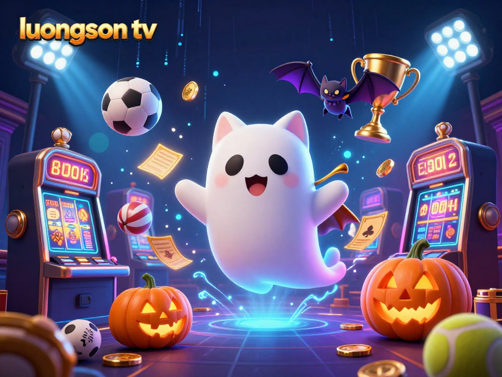 Experience the thrills of luongson tv as the friendly ghost cat navigates an enchanting haunted casino scene.