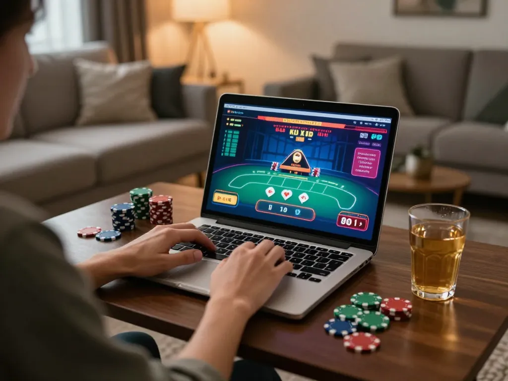 Person enjoying online casino gaming on J88.com in a cozy home setting, surrounded by poker chips.
