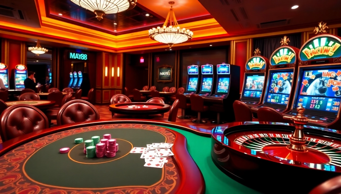 Experience thrilling gaming moments at https://may88.work/ with an elegant casino atmosphere featuring poker tables and slot machines.