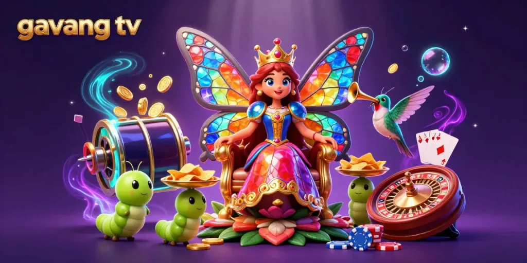 Engage with the colorful and dynamic scene featuring gavang tv incorporating casino elements with a butterfly queen and gaming icons.
