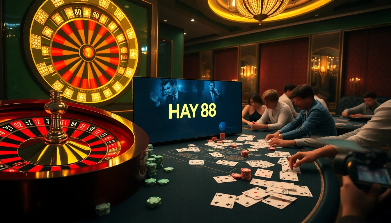 Vibrant casino scene showcasing HAY 88 with players strategizing at a roulette wheel.