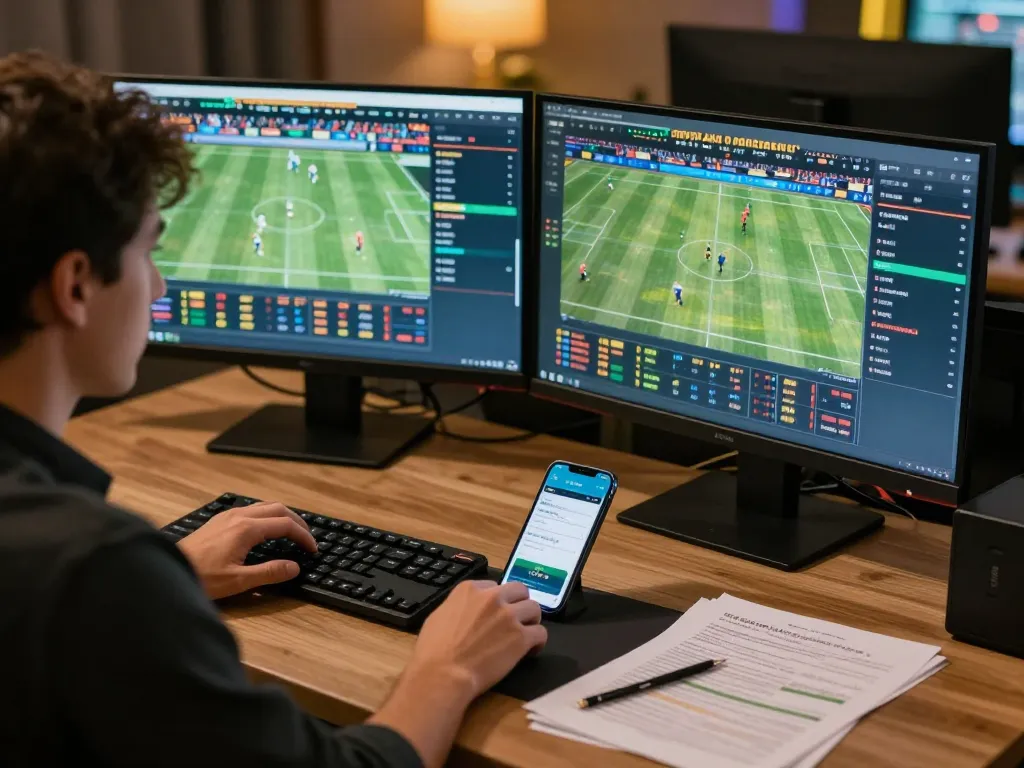 Engaging in sports betting on vk88 platform with live events displayed on monitors