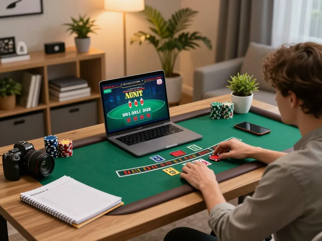 Player enjoying a sunwin blackjack game on a laptop, demonstrating the excitement of online gambling